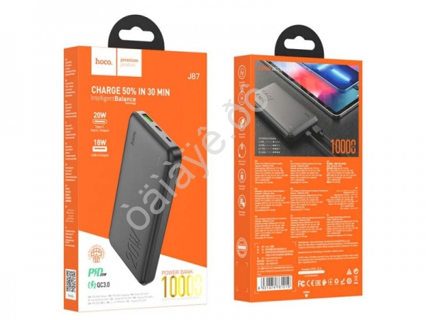 Портативное зарядное устройство 10000Ah 1PD Type-C(20W)+1USB3.0 Quick Charger, черный HOCO J87 Hoco