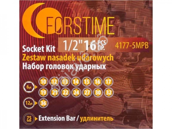 Головки ударные, набор 16пр., 1/2" (10, 12-17, 19, 21, 22, 24, 27, 30, 32мм (6гр.), 36мм (12гр.) (FT-4177-5MPB) Головки ударные, набор 16пр., 1/2" (10, 12-17, 19, 21, 22, 24, 27, 30, 32мм (6гр.), 36мм (12гр.) (FT-4177-5MPB)