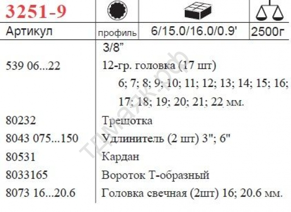 F3251-9 Набор коротк.голов.12гр 3/8"  6-22мм 25пр. /1/6