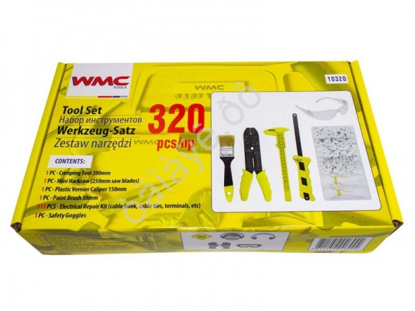 Набор инструментов 320пр.(клеевой пистолет,рулетка,съемник изоляции,ножовка,держатели кабеля,клеммы, WMC TOOLS