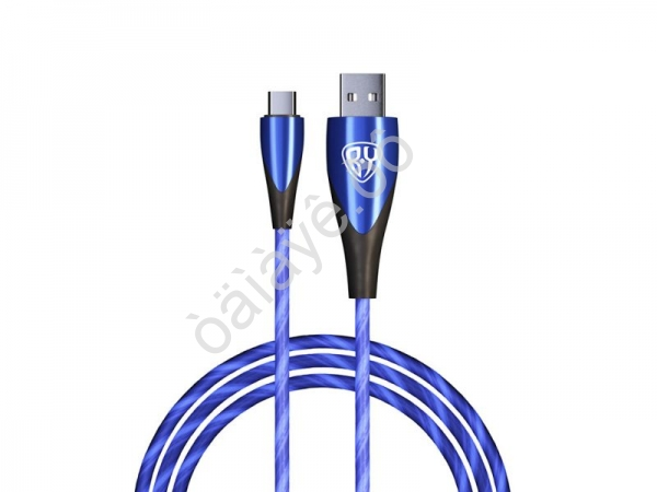 USB кабель Type-C, светящийся, GLITTER LIGHT, 1м, 3А, Быстрая зарядка, подсветка синяя