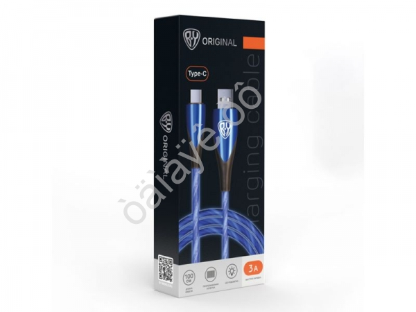USB кабель Type-C, светящийся, GLITTER LIGHT, 1м, 3А, Быстрая зарядка, подсветка синяя