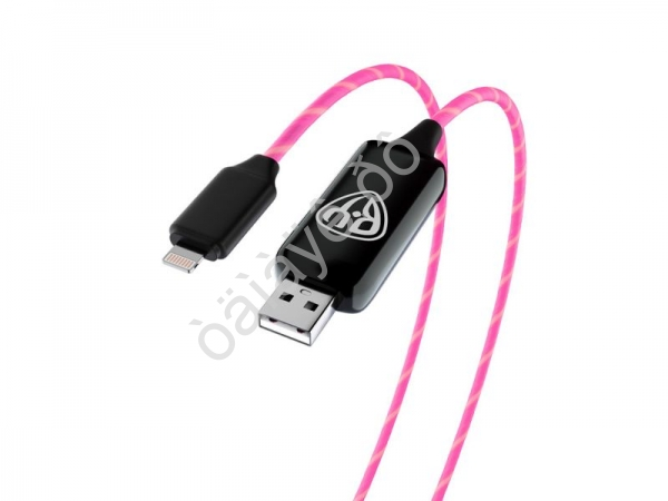 USB кабель Lightning, 1м, 2.4А, Быстрая зарядка, LED подсветка розовая, Заря BY