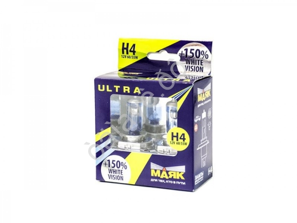 Лампа МАЯК ULTRA H4 12V 60/55W P43t White Vision+150% Лампа МАЯК ULTRA H4 12V 60/55W P43t White Vision+150%