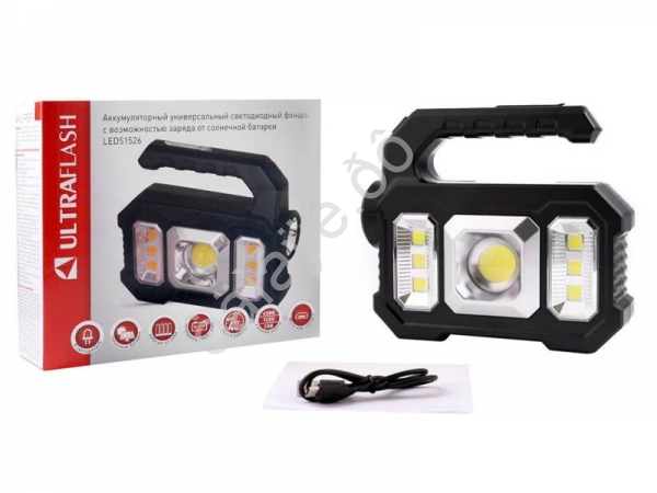 Фонарь аккум 4В, черн., 1LED+COB+6xSMD, 3 Вт, 4 реж, Micro USB Ultraflash LED51526 Фонарь аккум 4В, черн., 1LED+COB+6xSMD, 3 Вт, 4 реж, Micro USB Ultraflash LED51526