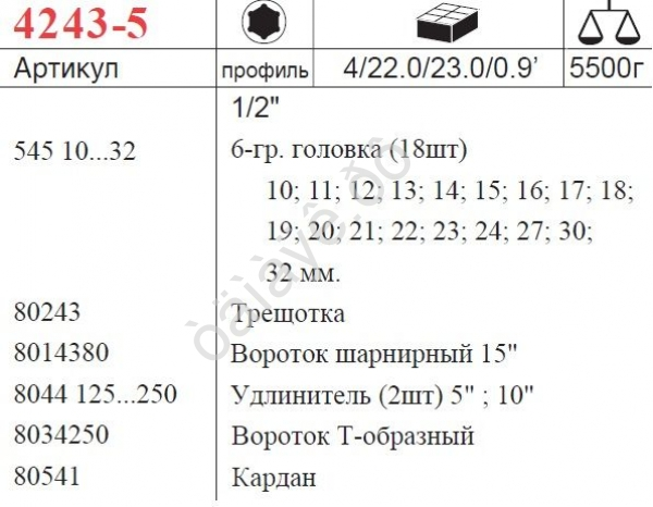 F4243-5 Набор торцовых головок 1/2" 24пред /1/4 F4243-5 Набор торцовых головок 1/2" 24пред /1/4