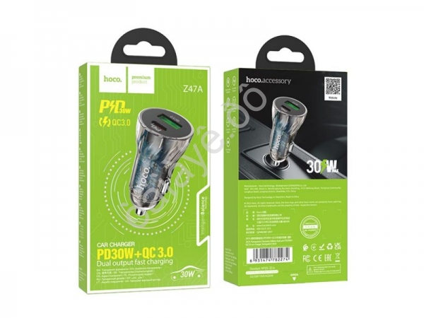 АЗУ в прикуриватель 1USB3.0 Quick Charger+1PD Type-C(30W), черный HOCO Z47A Hoco
