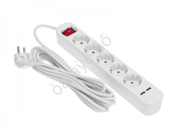 Удлинитель бытовой 5 гнезд, 5м, 3х1,0мм², с/з, с выключателем, 2 USB, белый REXANT