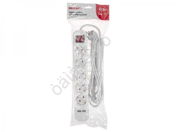 Удлинитель бытовой 5 гнезд, 5м, 3х1,0мм², с/з, с выключателем, 2 USB, белый REXANT