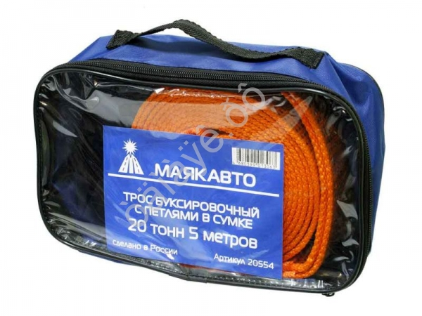 Трос буксировочный лента МАЯКАВТО™   20т, 5м, шириной 75мм с петлями в сумке 1/6