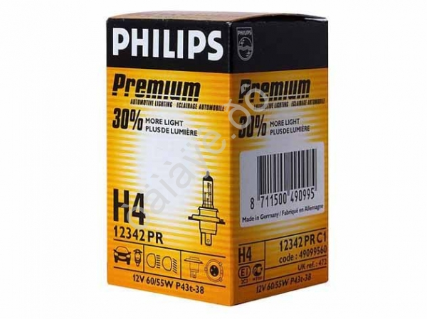 Лампа PHILIPS  H4 12V60/55W+30% P43t 12342PR /1/10/100
