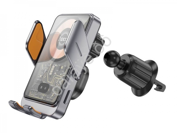 Держатель телефона на воздуховод с беспроводной зарядкой с сенсорным удержанием, серебристый с прозрачной панелью HOCO HW7 (100шт в уп) Hoco