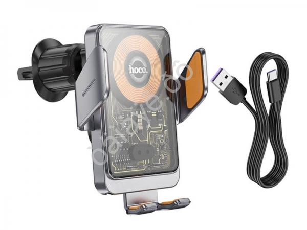 Держатель телефона на воздуховод с беспроводной зарядкой с сенсорным удержанием, серебристый с прозрачной панелью HOCO HW7 (100шт в уп) Hoco