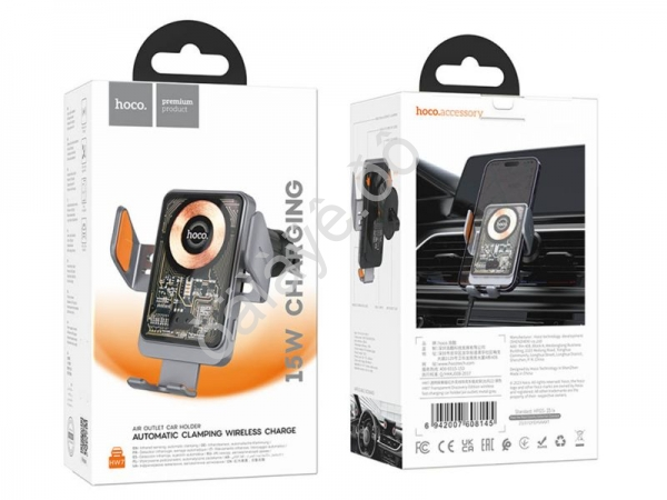 Держатель телефона на воздуховод с беспроводной зарядкой с сенсорным удержанием, серебристый с прозрачной панелью HOCO HW7 (100шт в уп) Hoco