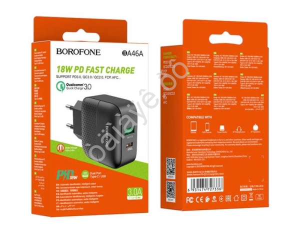 СЗУ 220В, 1USB 3.0 Quick Charger + 1PD Type-C(18W), черный BOROFONE BA46A (32шт в уп) Borofone