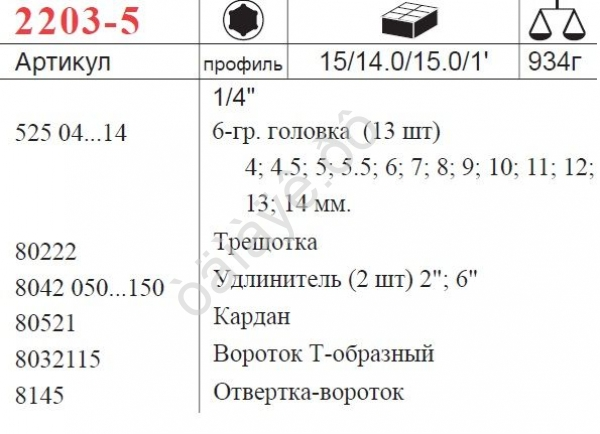 F2203-5 Набор торцовых головок 1/4" 19пред 1/15