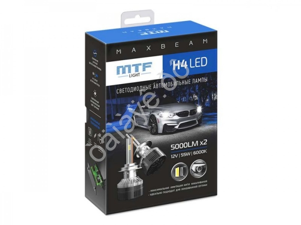 Светодиодные лампы MTF Light, серия MaxBeam, H4, 12V, 55W, 5000lm, 6000K, кулер, комплект.