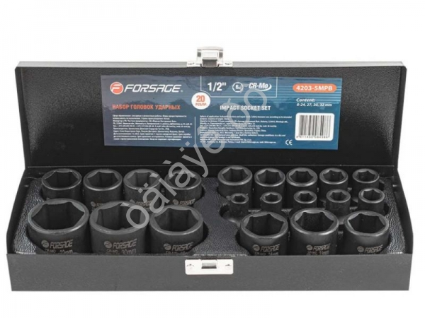 Набор головок ударных 20пр.,1/2"(8-24, 27, 30, 32мм), в металлическом кейсе Forsage Набор головок ударных 20пр.,1/2"(8-24, 27, 30, 32мм), в металлическом кейсе Forsage