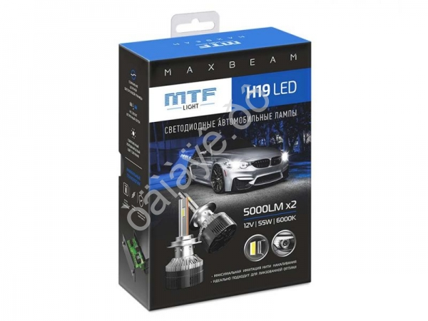 Светодиодные лампы MTF Light, серия MaxBeam, H19, 12V, 55W, 5000lm, 6000K, кулер, комплект.