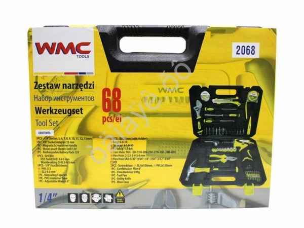 Набор инструментов с шуруповертом 68пр.1/4'(6гр)(5-13мм,шарнирно-губцевый инстр.,отвертки,биты,моло WMC TOOLS Набор инструментов с шуруповертом 68пр.1/4'(6гр)(5-13мм,шарнирно-губцевый инстр.,отвертки,биты,моло WMC TOOLS
