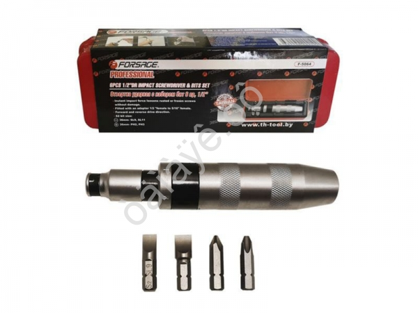 Отвертка ударная с набором бит и адаптером, 6пр (PH2,3х36мм; SL9,11х36мм) в метал. кейсе Forsage