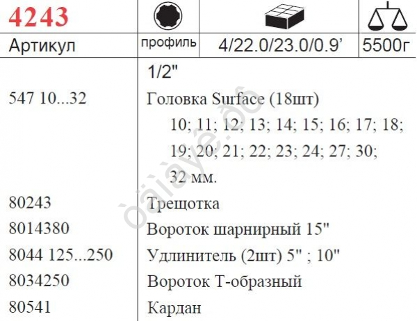 F4243 Набор торцовых головок 1/2"  24пред /4