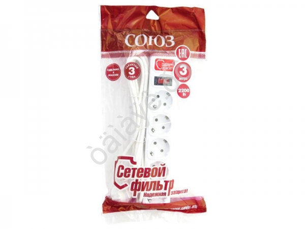 Удлинитель бытовой  ТМ Союз 2200Вт 5 гнезд, белый, ПВС 3м