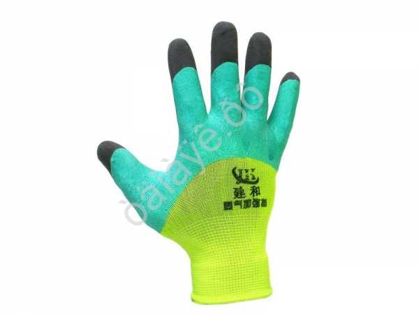 Перчатки прорезиненные с ПУ пальчиками (зелено-желтые)  /12