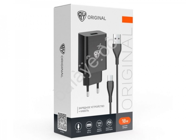 СЗУ 220В, 18Вт + кабель Type-c 110-240 В, 50-60 гц, 18 вт, кабель 3 А, пластик BY